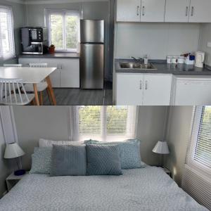 eine Küche und ein Schlafzimmer mit einem Bett darin in der Unterkunft Self Contained 2BR holiday unit in Richmond Tasman in Richmond