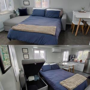 two pictures of a bedroom with a bed and a desk at Self Contained 2BR holiday unit in Richmond Tasman in Richmond