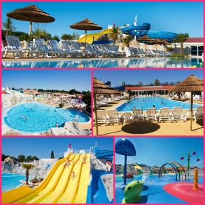 a collage of four pictures of a resort pool at Mobilhome climatisé-2ch-terrasse fermée-camping Les Charmettes in Les Mathes