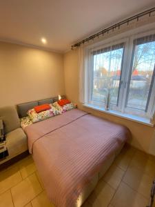 un letto grande in una stanza con una finestra di Pokoje i domki nad Kanałem Bystrym a Augustów