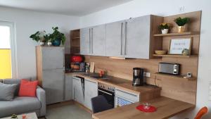 une cuisine avec des placards en acier inoxydable et un comptoir dans l'établissement Moderne, barrierefreie Ferienwohnung, à Plauen