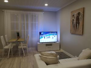 - un salon avec un canapé, une télévision et une table dans l'établissement Apartment Louna, à Lahti