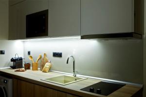 um balcão de cozinha com um lavatório e um micro-ondas em Designer apartments close to the center + free parking em Tessalônica