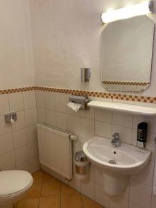 een badkamer met een wastafel, een toilet en een spiegel bij Restaurant - Garni bei Peppo in Ebern