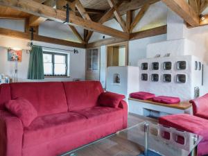 ニーダーンジルにあるSpacious Apartment near Ski Area in Niedernsillのリビングルーム(赤いソファ、テーブル付)