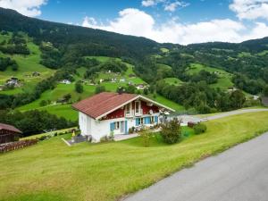 a house on a green hill with a road at Apartment on the mountainside in Silbertal in Silbertal