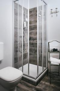 ein Bad mit einer Dusche, einem WC und einem Waschbecken in der Unterkunft Boutique-Gasthof Ueberfuhr in Salzburg