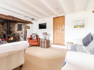 a living room with a couch and a fireplace at Trelash Cottage in Launceston