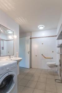 ein Badezimmer mit einer Waschmaschine und einem Waschbecken in der Unterkunft Gîte à Confracourt in Confracourt