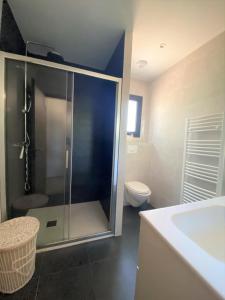 een badkamer met een douche, een toilet en een wastafel bij Villa Lauredana in Sainte-Lucie de Porto-Vecchio