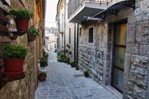 un vicolo in un centro storico con piante in vaso di Il Casale del Borgo a Cancellara