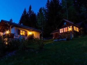 ein nachts beleuchtetes Haus mit eingeschaltetem Licht in der Unterkunft Comfortable Holiday Home near Ski Area in Arriach in Arriach