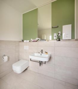 ein Badezimmer mit einem Waschbecken, einem WC und einem Spiegel in der Unterkunft Boarding Haus Aachen-Brand in Aachen