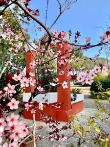 uma estrutura vermelha com flores cor-de-rosa num jardim em Antica Masseria em Padresergio