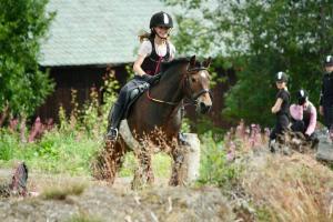 uma jovem a montar um cavalo num campo em Hytte på Myhre Gård em Skammestein