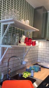 a kitchen with a sink and a shelf with dishes at STF Tre Björnar B&B in Älvdalen