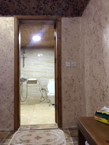 a bathroom with a shower and a toilet in a room at Wadi Rum Quiet Village Camp in Wadi Rum