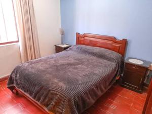 ein Schlafzimmer mit einem Bett mit einer braunen Decke in der Unterkunft Depto Grande con terraza, la mejor ubicación in Tarija