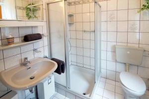 ノルトダイヒにあるFerienwohnung Lütje Hörnのバスルーム(洗面台、トイレ、シャワー付)