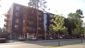 a building on a street with cars parked in front at De Lux Appartement in Druskininkai