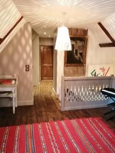 a living room with a red rug and a chandelier at Au fil de l'eau in Cerdon