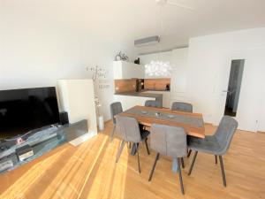 a dining room with a table and chairs and a television at Wein Kultur Apartment Flavia Solva in Wagna