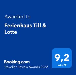 Certifikát, hodnocení, plakát nebo jiný dokument vystavený v ubytování Ferienhaus Till & Lotte