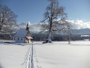 a church in a snow covered field with a trail at Haus Martina in Siegsdorf