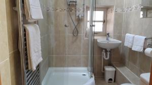 a bathroom with a shower and a toilet and a sink at Courtbrook Farm in Exeter