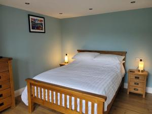 a bedroom with a large bed with two night stands at The Granary in Llanddeiniol