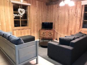 a living room with two couches and a television at Seitsemisen Torpat Log Cabin in Latovesi