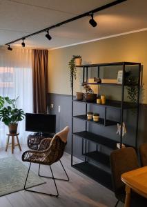 een woonkamer met een stoel en een plank bij Appartement Duinroos Boodtlaan 1K De Koog-Texel in De Koog