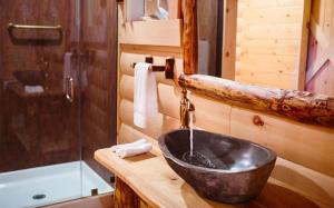 baño con lavabo en una cabaña de madera en Cricket Hill Treehouse D by Amish Country Lodging en Millersburg