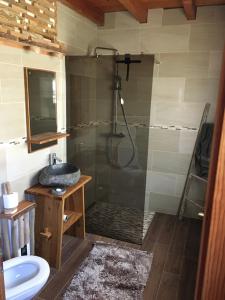 a bathroom with a shower and a sink at Ferienhaus Bergglück in Nonnweiler