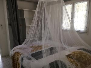 a bed with a net on top of it at Chez Françoise et Jacky in Sainte-Luce