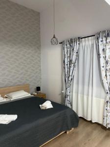 Schlafzimmer mit einem Bett und einem Fenster mit Vorhängen in der Unterkunft Fressh House in Sîncrăieni