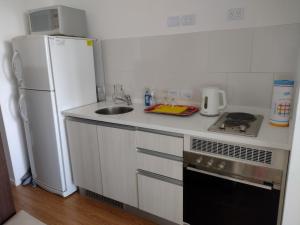 a small kitchen with a white refrigerator and a sink at Departamento Bahía Grande in Ushuaia