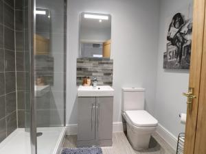 un bagno con wc, lavandino e doccia di Corner House Cottage a Ilkeston Altre 16 foto