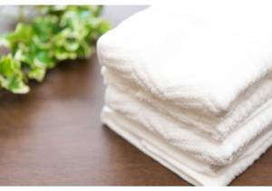 uma pilha de toalhas brancas sobre uma mesa com uma planta em Woody Sanheim - Vacation STAY 12558 em Tóquio