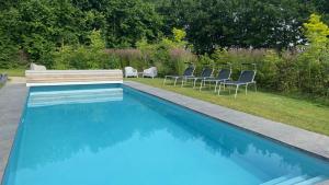萊利斯塔德的住宿－Onze Kas，蓝色的游泳池配有椅子和桌子