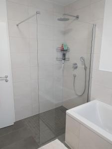 uma casa de banho com uma cabina de duche em vidro e um lavatório. em großzügige Unterkunft mit Terrasse em Oberbrechen