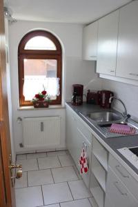 a small kitchen with a sink and a window at Ferienwohnung Weber Alpenveilchen in Lechbruck
