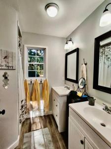 a bathroom with a sink and a shower and a mirror at HoneyComb GEM, Beautifully Designed & Near Downtown Thomasville in Thomasville