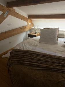 - une chambre avec un grand lit et un plafond en bois dans l'établissement Pasithéa Loft Spa Privatif, à Calais