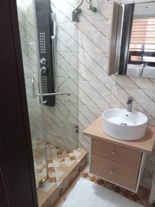 ein Bad mit einem Waschbecken und einer Glasdusche in der Unterkunft Lekki Conservation Luxury Palace 5 Bedrooms, with Fast Wi-Fi Fibre Broadband in Lekki not Ibeju in Ibeju
