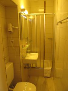 a bathroom with a shower and a toilet and a sink at Hotel am Hauptbahnhof in Schwerin