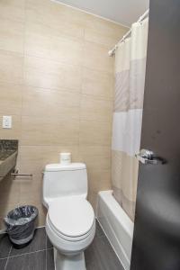 a bathroom with a white toilet and a shower at Canal Loft Hotel in New York
