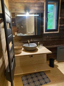 a bathroom with a sink and a mirror at Authentique grange savoyarde in Albiez-Montrond