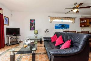 カジャオ・サルバヘにあるVilla Sunriseのリビングルーム(ピンクの枕付きの黒い革張りのソファ付)