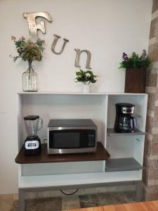 a microwave sitting on a shelf with a blender at Brothers Townhouse Puerto Peñasco, Centro in Puerto Peñasco